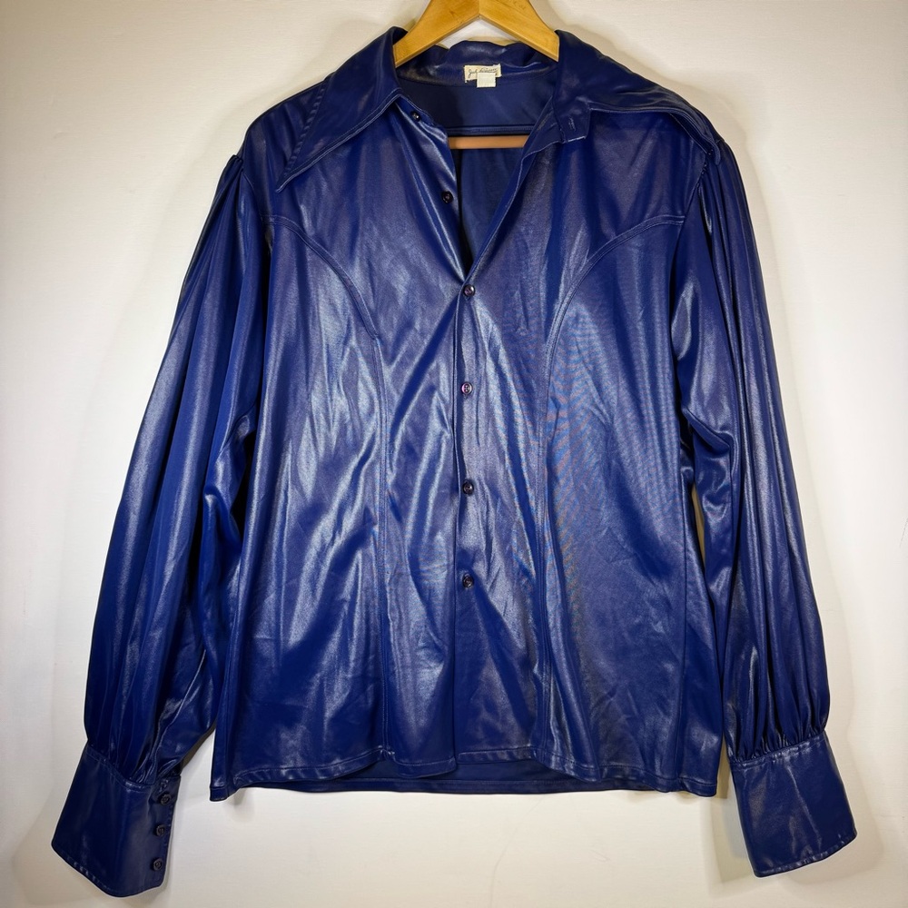 VTG 70s JACK MCCONNELL Dagger Collar Balloon Sleeves Disco Fever Shirt BLUE / M